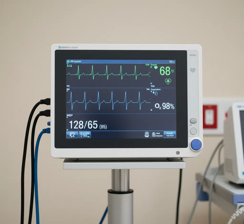 醫療監控顯示器顯示心電圖與生命體徵數據，影像顯示模組採用軟性印刷電路板 (FPC)確保影像顯示訊號快速、穩定，滿足醫療監控的高可靠性需求。